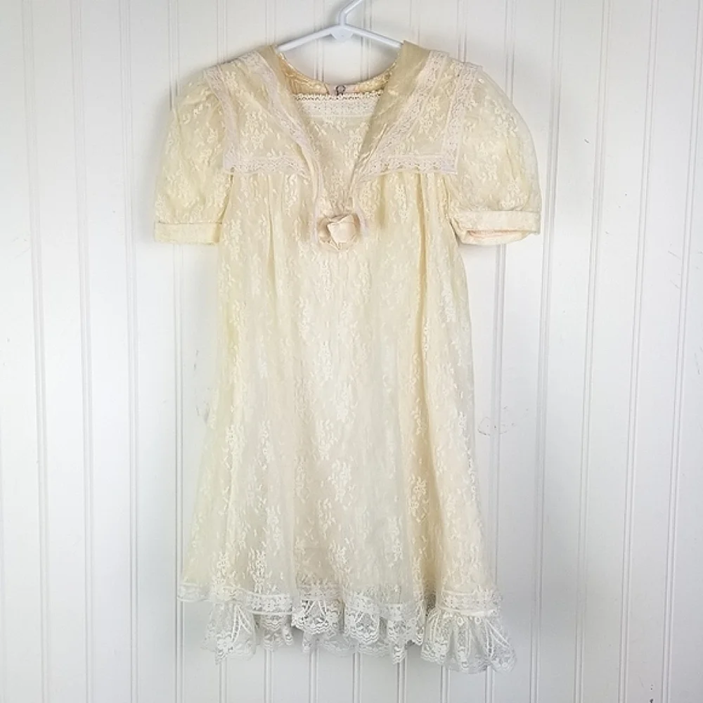 Gunne Sax Jessica McClintock Vintage Lace Over Satin Short Sleeve Dress Girls 4